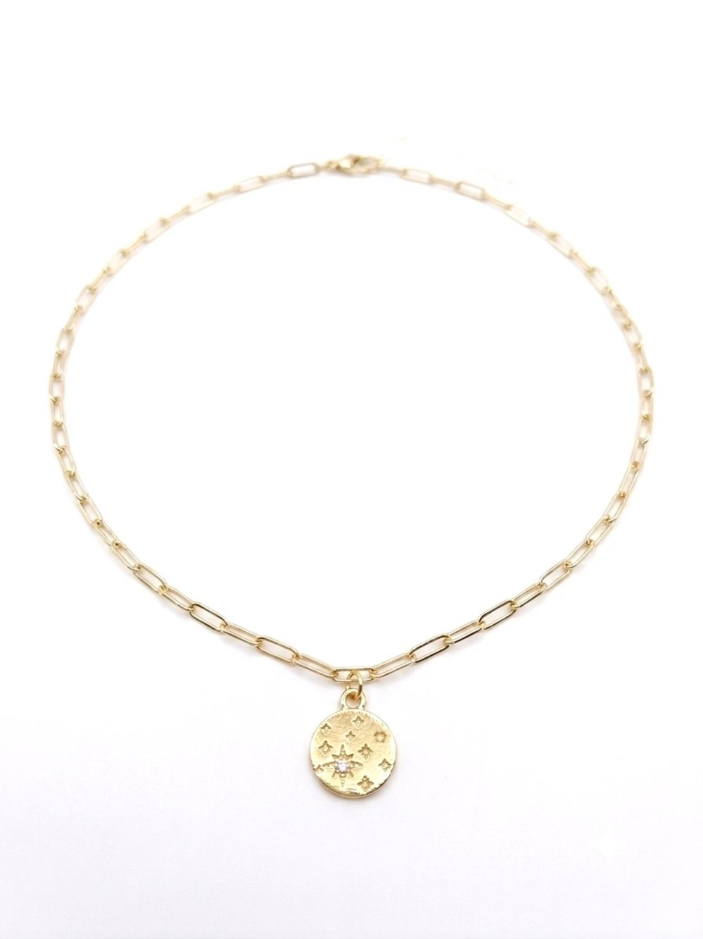 Gold Paperclip Chain Necklace with Star Disc Pendant